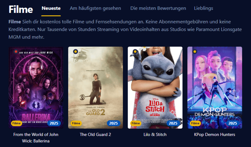 Bildschirmfoto der Filmhaus Benutzeroberflaeche die verschiedene Filmtitel und Serienepisoden anzeigt